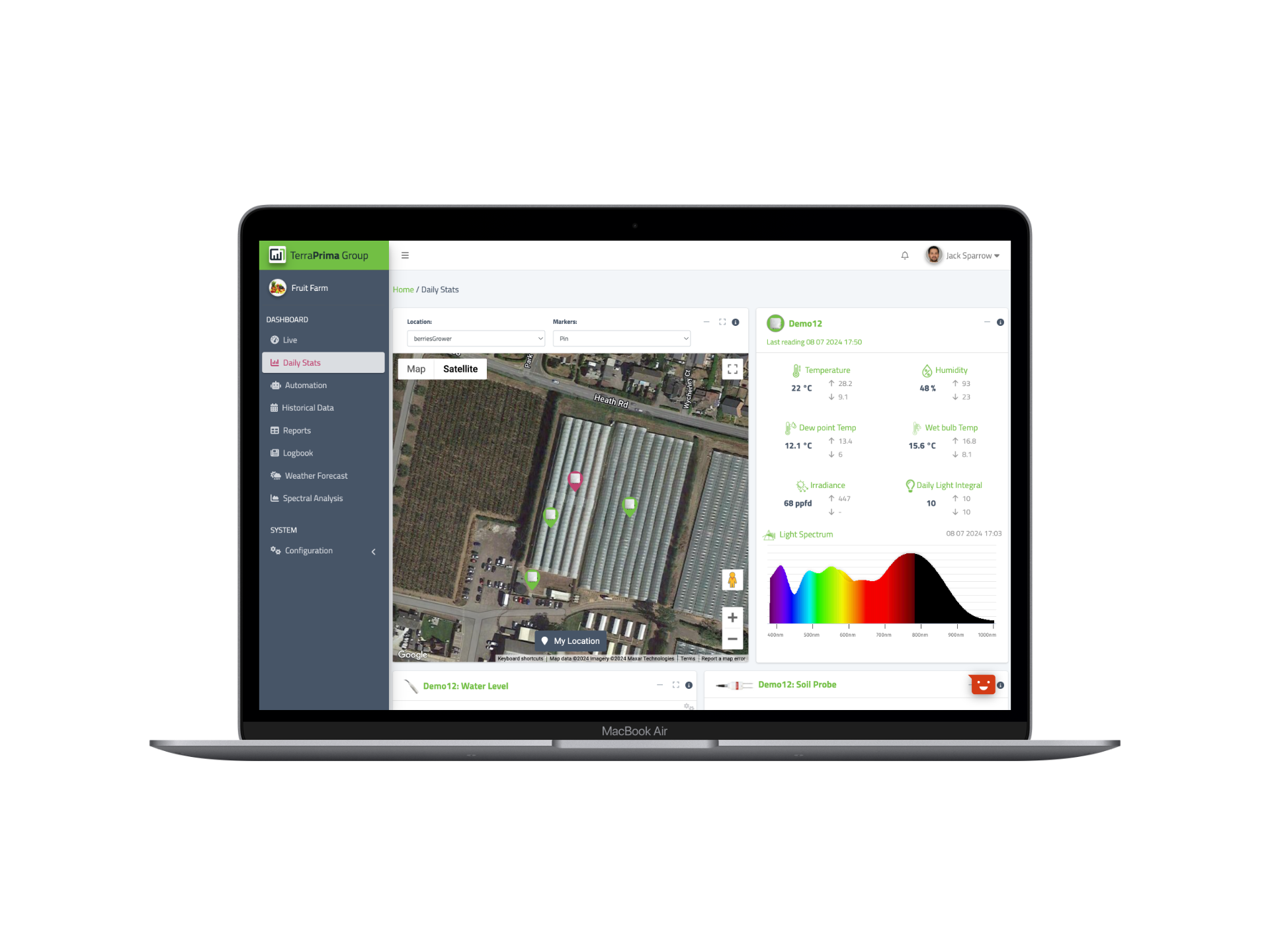 Terraprima dashboard showing live sensor readings and light spectrum on a map view